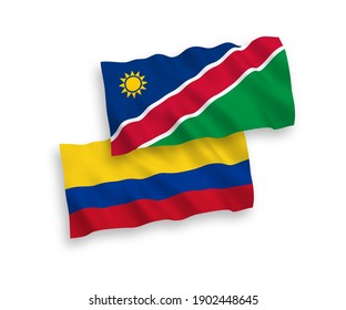 National vector fabric wave flags of Republic of Namibia and Colombia isolated on white background. 1 to 2 proportion.