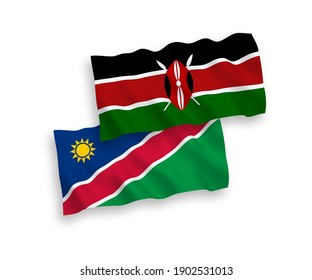 National vector fabric wave flags of Republic of Namibia and Kenya isolated on white background. 1 to 2 proportion.