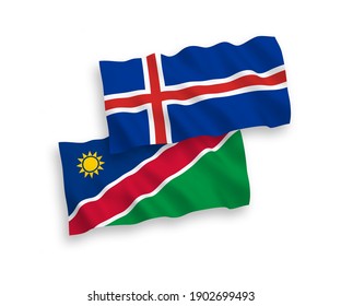 National vector fabric wave flags of Republic of Namibia and Iceland isolated on white background. 1 to 2 proportion.