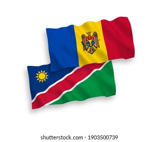 National vector fabric wave flags of Republic of Namibia and Moldova isolated on white background. 1 to 2 proportion.