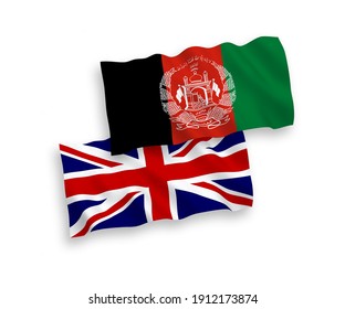 National vector fabric wave flags of Great Britain and Islamic Republic of Afghanistan isolated on white background. 1 to 2 proportion.