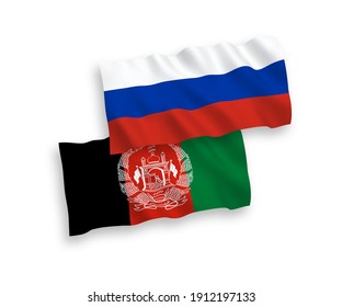 National vector fabric wave flags of Islamic Republic of Afghanistan and Russia isolated on white background. 1 to 2 proportion.