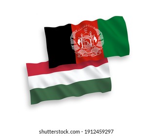 National vector fabric wave flags of Islamic Republic of Afghanistan and Hungary isolated on white background. 1 to 2 proportion.