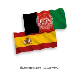Nationale Vektor-Wellen-Flaggen der Islamischen Republik Afghanistan und Spaniens einzeln auf weißem Hintergrund. 1 bis 2 %.