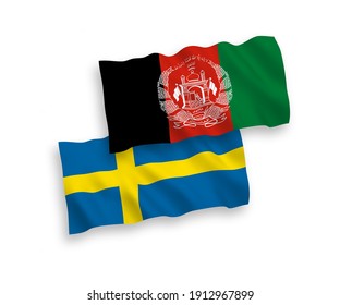 National vector fabric wave flags of Sweden and Islamic Republic of Afghanistan isolated on white background. 1 to 2 proportion.
