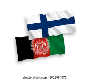 National vector fabric wave flags of Finland and Islamic Republic of Afghanistan isolated on white background. 1 to 2 proportion.