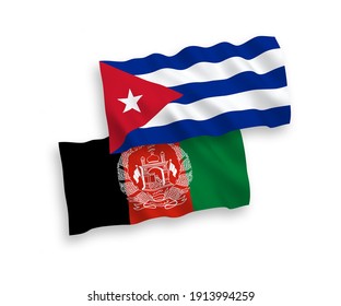 National vector fabric wave flags of Islamic Republic of Afghanistan and Cuba isolated on white background. 1 to 2 proportion.