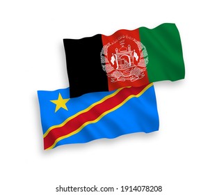 National vector fabric wave flags of Islamic Republic of Afghanistan and Democratic Republic of the Congo isolated on white background. 1 to 2 proportion.