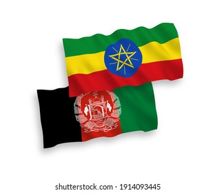 National vector fabric wave flags of Islamic Republic of Afghanistan and Ethiopia isolated on white background. 1 to 2 proportion.