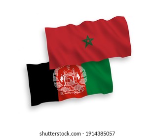 National vector fabric wave flags of Islamic Republic of Afghanistan and Morocco isolated on white background. 1 to 2 proportion.
