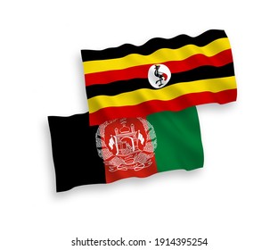 National vector fabric wave flags of Islamic Republic of Afghanistan and Uganda isolated on white background. 1 to 2 proportion.