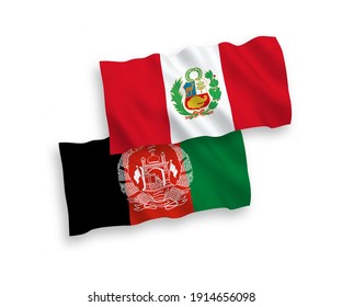 National vector fabric wave flags of Islamic Republic of Afghanistan and Peru isolated on white background. 1 to 2 proportion.