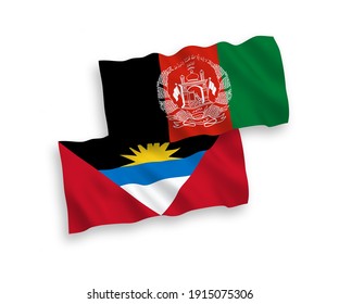 National vector fabric wave flags of Islamic Republic of Afghanistan and Antigua and Barbuda isolated on white background. 1 to 2 proportion.