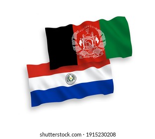 National vector fabric wave flags of Islamic Republic of Afghanistan and Paraguay isolated on white background. 1 to 2 proportion.