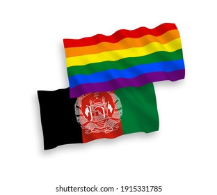 National vector fabric wave flags of Islamic Republic of Afghanistan and Rainbow gay pride isolated on white background. 1 to 2 proportion.