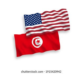 Banderas de olas de tela vectorial nacional de la República de Túnez y Estados Unidos aisladas en fondo blanco. de 1 a 2.