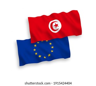 Banderas de olas de tela vectorial nacional de la Unión Europea y la República de Túnez aisladas en fondo blanco. de 1 a 2.
