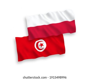 Banderas de olas de tela vectorial nacional de la República de Túnez y Polonia aisladas en fondo blanco. de 1 a 2.