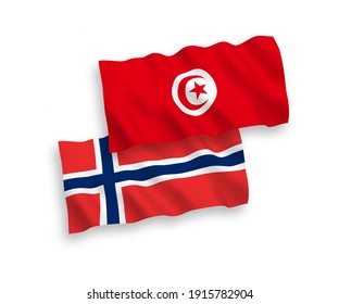 National vector fabric wave flags of Norway and Republic of Tunisia isolated on white background. 1 to 2 proportion.