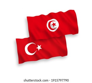 National vector fabric wave flags of Turkey and Republic of Tunisia isolated on white background. 1 to 2 proportion.