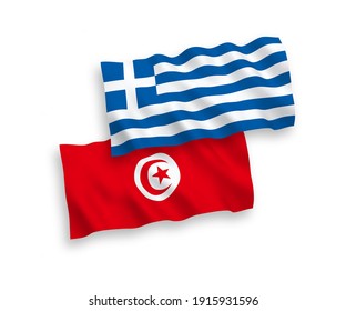 National vector fabric wave flags of Greece and Republic of Tunisia isolated on white background. 1 to 2 proportion.