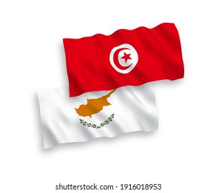 National vector fabric wave flags of Cyprus and Republic of Tunisia isolated on white background. 1 to 2 proportion.