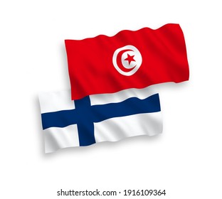 Banderas de olas de tela vectorial nacional de Finlandia y la República de Túnez aisladas en fondo blanco. de 1 a 2.