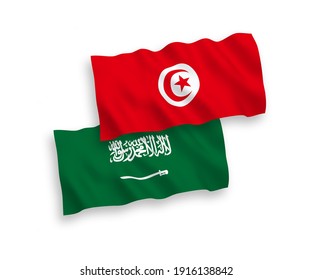 National vector fabric wave flags of Saudi Arabia and Republic of Tunisia isolated on white background. 1 to 2 proportion.