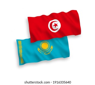 National vector fabric wave flags of Kazakhstan and Republic of Tunisia isolated on white background. 1 to 2 proportion.