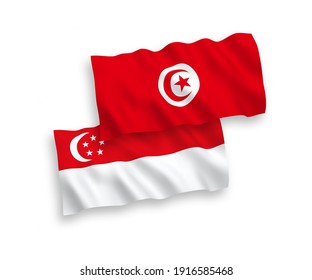 Banderas de olas de tela vectorial nacional de la República de Túnez y Singapur aisladas en fondo blanco. de 1 a 2.