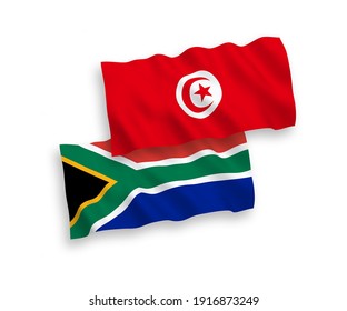 Banderas de olas de tela vectorial nacional de la República de Túnez y la República de Sudáfrica aisladas en fondo blanco. de 1 a 2.