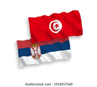 National vector fabric wave flags of Republic of Tunisia and Serbia isolated on white background. 1 to 2 proportion.