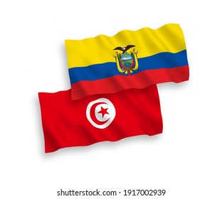 National vector fabric wave flags of Republic of Tunisia and Ecuador isolated on white background. 1 to 2 proportion.