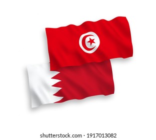 National vector fabric wave flags of Republic of Tunisia and Bahrain isolated on white background. 1 to 2 proportion.
