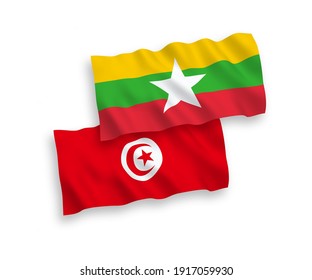 Banderas de olas de tela vectorial nacional de la República de Túnez y Myanmar aisladas en fondo blanco. de 1 a 2.