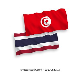 National vector fabric wave flags of Republic of Tunisia and Thailand isolated on white background. 1 to 2 proportion.