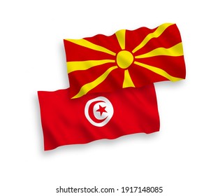 Banderas de olas de tela vectorial nacional de la República de Túnez y Macedonia del Norte aisladas en fondo blanco. de 1 a 2.