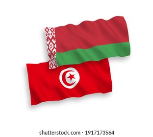 National vector fabric wave flags of Republic of Tunisia and Belarus isolated on white background. 1 to 2 proportion.