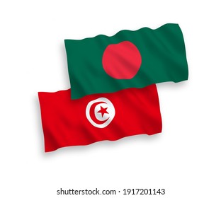 National vector fabric wave flags of Republic of Tunisia and Bangladesh isolated on white background. 1 to 2 proportion.