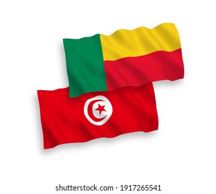 National vector fabric wave flags of Republic of Tunisia and Benin isolated on white background. 1 to 2 proportion.