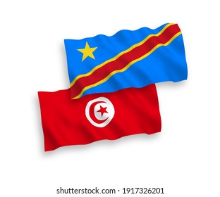 Banderas de ondulación de tela vectorial nacional de la República de Túnez y la República Democrática del Congo aisladas de fondo blanco. de 1 a 2.