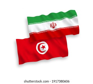National vector fabric wave flags of Republic of Tunisia and Iran isolated on white background. 1 to 2 proportion.