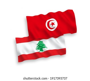 National vector fabric wave flags of Republic of Tunisia and Lebanon isolated on white background. 1 to 2 proportion.