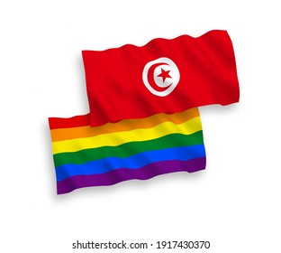 National vector fabric wave flags of Republic of Tunisia and Rainbow gay pride isolated on white background. 1 to 2 proportion.