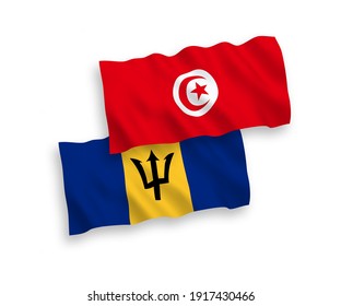 Banderas de olas de tela vectorial nacional de la República de Túnez y Barbados aisladas en fondo blanco. de 1 a 2.