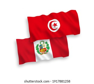 National vector fabric wave flags of Republic of Tunisia and Peru isolated on white background. 1 to 2 proportion.