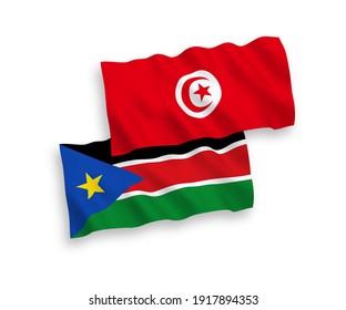 National vector fabric wave flags of Republic of Tunisia and Republic of South Sudan isolated on white background. 1 to 2 proportion.