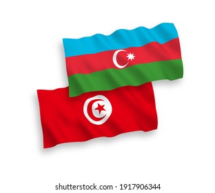 National vector fabric wave flags of Republic of Tunisia and Azerbaijan isolated on white background. 1 to 2 proportion.
