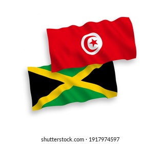 National vector fabric wave flags of Republic of Tunisia and Jamaica isolated on white background. 1 to 2 proportion.
