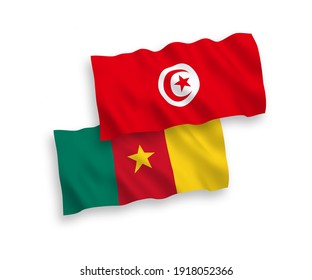 National vector fabric wave flags of Republic of Tunisia and Cameroon isolated on white background. 1 to 2 proportion.